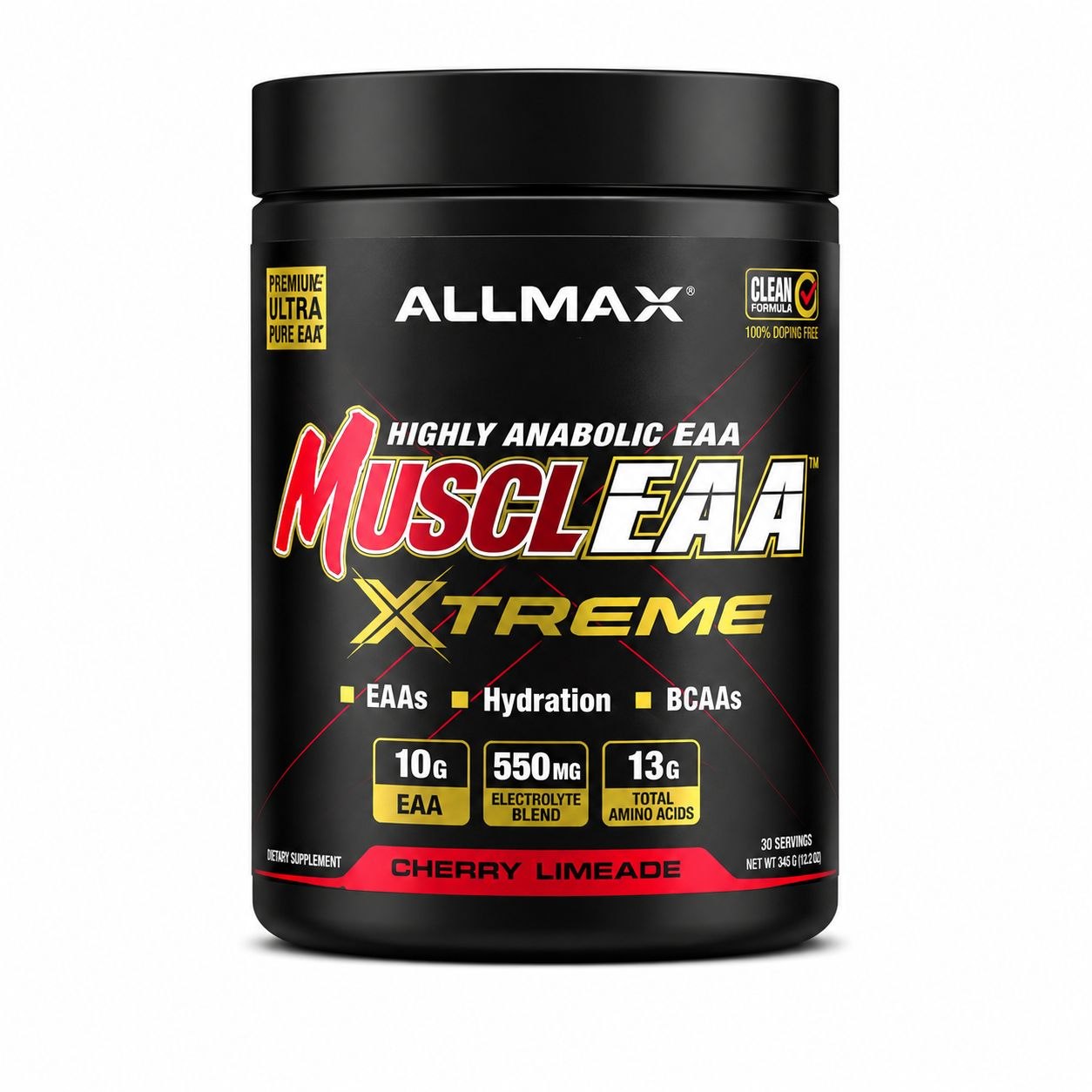 قوطی مکمل آمینو MusclEAA اکستریم آلمکس با طعم میوه‌ای در زمینه سفید برای فروشگاه آنلاین مکمل‌های ورزشی