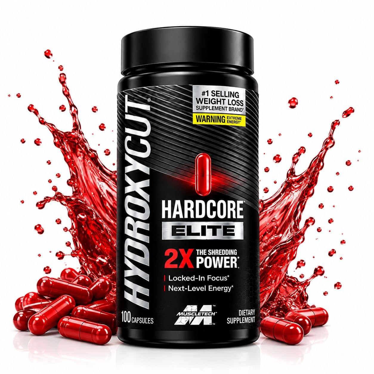 قوطی سیاه رنگ مکمل چربی‌سوز Hydroxycut Hardcore Elite از برند MuscleTech با ۱۰۰ عدد کپسول، قرار گرفته بر روی کپسول‌های قرمز پراکنده و پس‌زمینه با پاشش مایع قرمز رنگ.