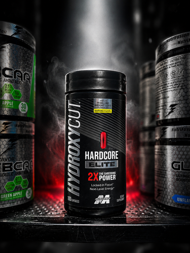 تصویر تبلیغاتی چربیسوز قدرتمند Hydroxycut Hardcore Elite ماسلتک با تمرکز بر انرژی فوقالعاده و فوکوس بالا، حاوی کپسولهای قرمز رنگ.