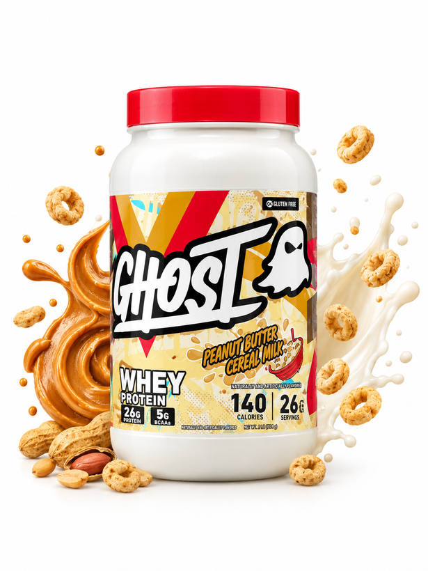 تصویر قوطی پروتئین وی گوست ۱۰۰٪ (GHOST 100% WHEY) با طعم کره بادام زمینی و شیر غلات، حاوی ۲۶ س